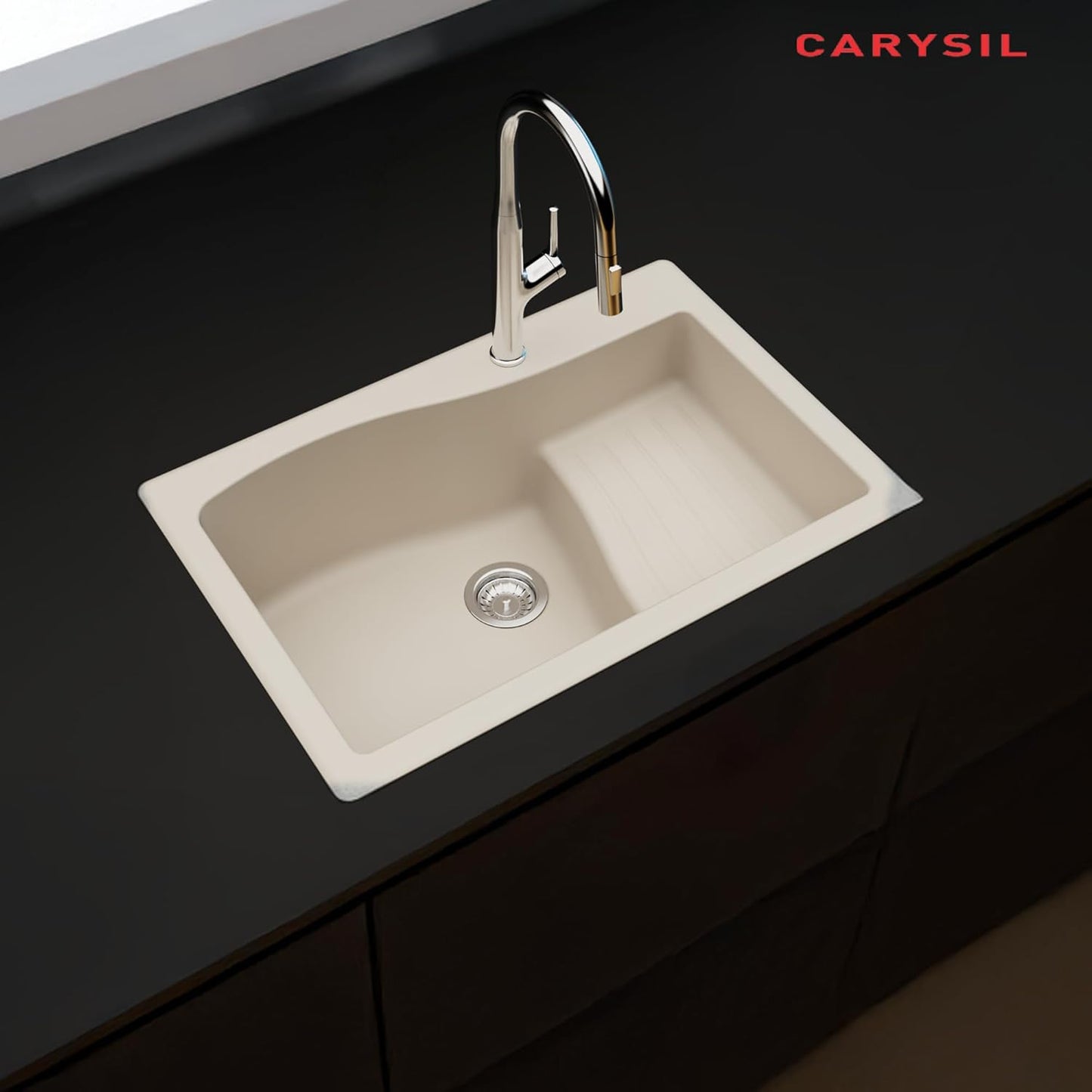Carysil Quartz New Ascend Single Bowl Kitchen Sink, Real Stone Finish, 304 Stainless Steel Coupling, Kitchen Sink with Sloping Drain, Noise Reduction Design, 34x20x8 inches, Cream