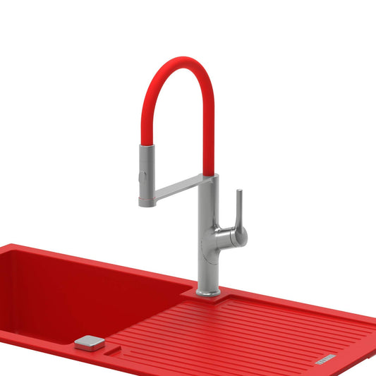 Carysil ALA 1511 Brass Kitchen Faucet with 360 Degree spout Sprayer and Single Handle Pull Down Kitchen Sink Faucet - Red