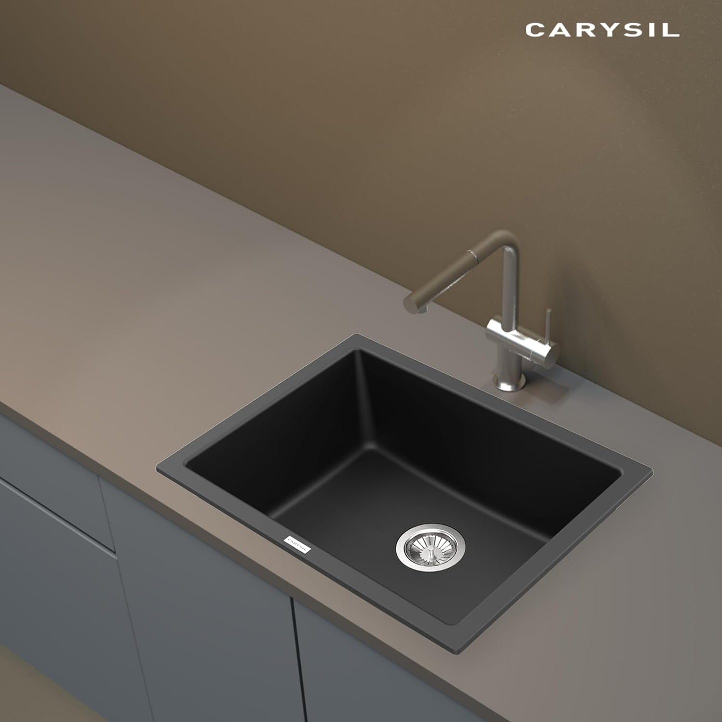 Carysil Quartz Titanium Max Plus Series Single Bowl Kitchen Sink, Real Stone Finish, 304 Stainless Steel Coupling, Kitchen Sink with Sloping Drain, Noise Reduction Design, 24x18x8 inches, Nera