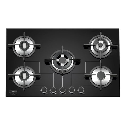 Carysil Passilo 90cm Built-in Hob, 5 Brass Burners, Round Cast Iron Pan Support, Electric Ignition, Metal Knob, 8mm Black Toughened Glass, Stainless Steel
