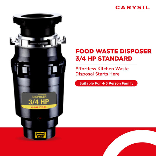 Carysil Food Waste Disposer for Home Sink, 3/4 HP Standard, Ideal for 2-6 Person Family, Powerful 2500 RPM DC Motor with Low Noise, Corrosion-Proof & Stainless Steel Grinding Components, Fits under the Kitchen Sink, Black