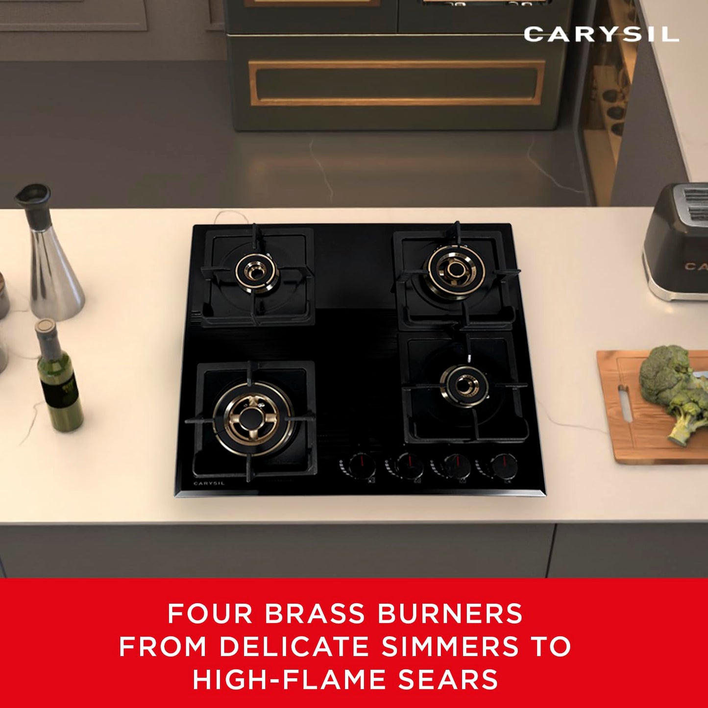 Carysil Tek Plus 60cm Built-in Hob, 4 Brass Burner, Square Cast Iron Pan Support, Flame Failure Device, Battery Ignition, Designer Metal Knob, 8mm Black Tempered Glass, Stainless Steel