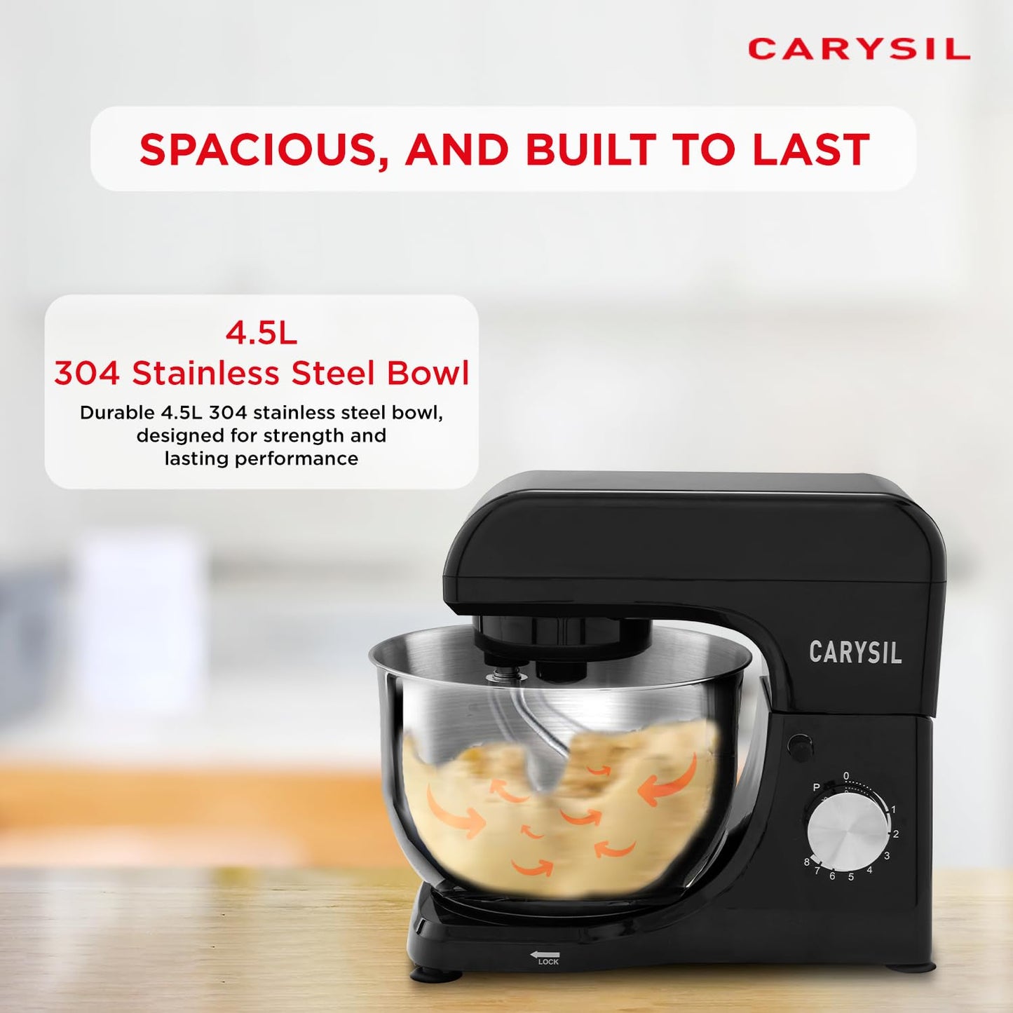 Carysil Stand Mixer, 6 Speed Settings with Pulse, Die-Cast Dough Hook & Whisk, 4.5L Removable Bowl, 220V DC Motor, Pizza Dough & Cake Mixer, Food Processor for Kitchen Use, Premium Black Finish
