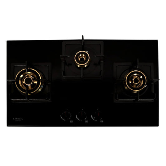 Carysil Tek Plus 75cm Built-in Hob, 3 Brass Burner, Square Cast Iron Pan Support, Flame Failure Device, Battery Ignition, Designer Metal Knob, 8mm Black Tempered Glass, Stainless Steel