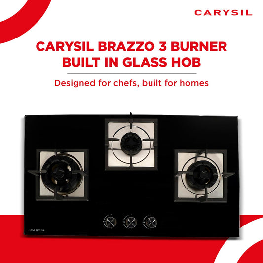 Carysil Brazzo 78cm Built-in Hob, 3 Brass Burner, Square Pan Support, Battery Ignition, Metal Knob, 8mm Black Tempered Glass, Stainless Steel