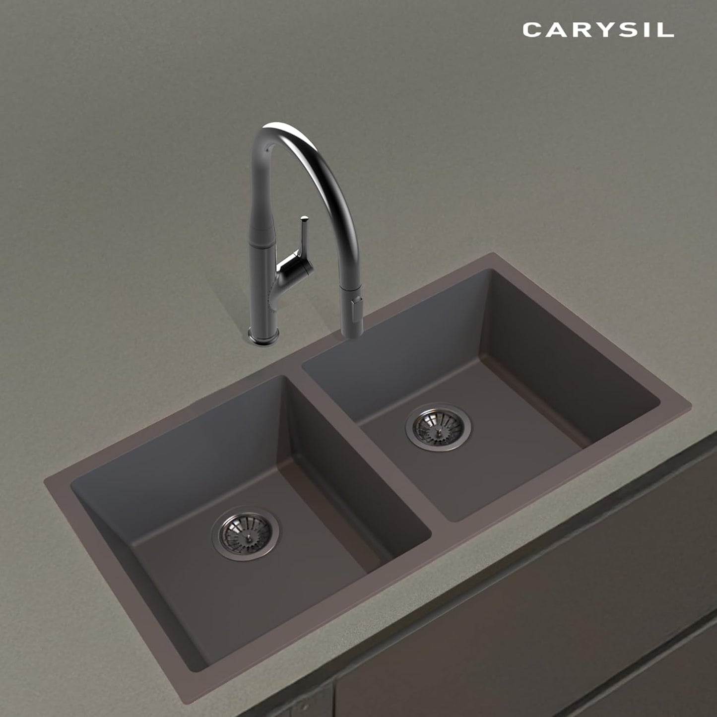 Carysil Quartz Dolce UK Series Double Bowl Kitchen Sink, Real Stone Finish, 304 Stainless Steel Coupling, Kitchen Sink with Sloping Drain, Noise Reduction Design, 34x18x8 inches, Whisper Grey
