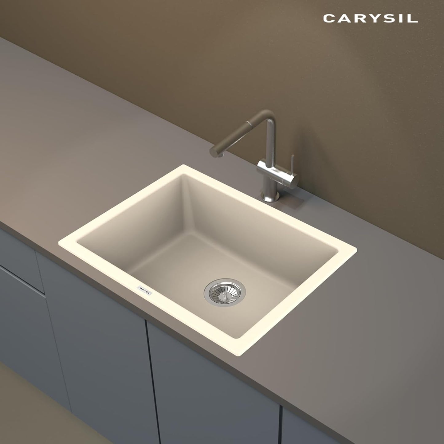 Carysil Quartz Titanium Max Plus Series Single Bowl Kitchen Sink, Real Stone Finish, 304 Stainless Steel Coupling, Kitchen Sink with Sloping Drain, Noise Reduction Design, 24x18x8 inches, Champagne