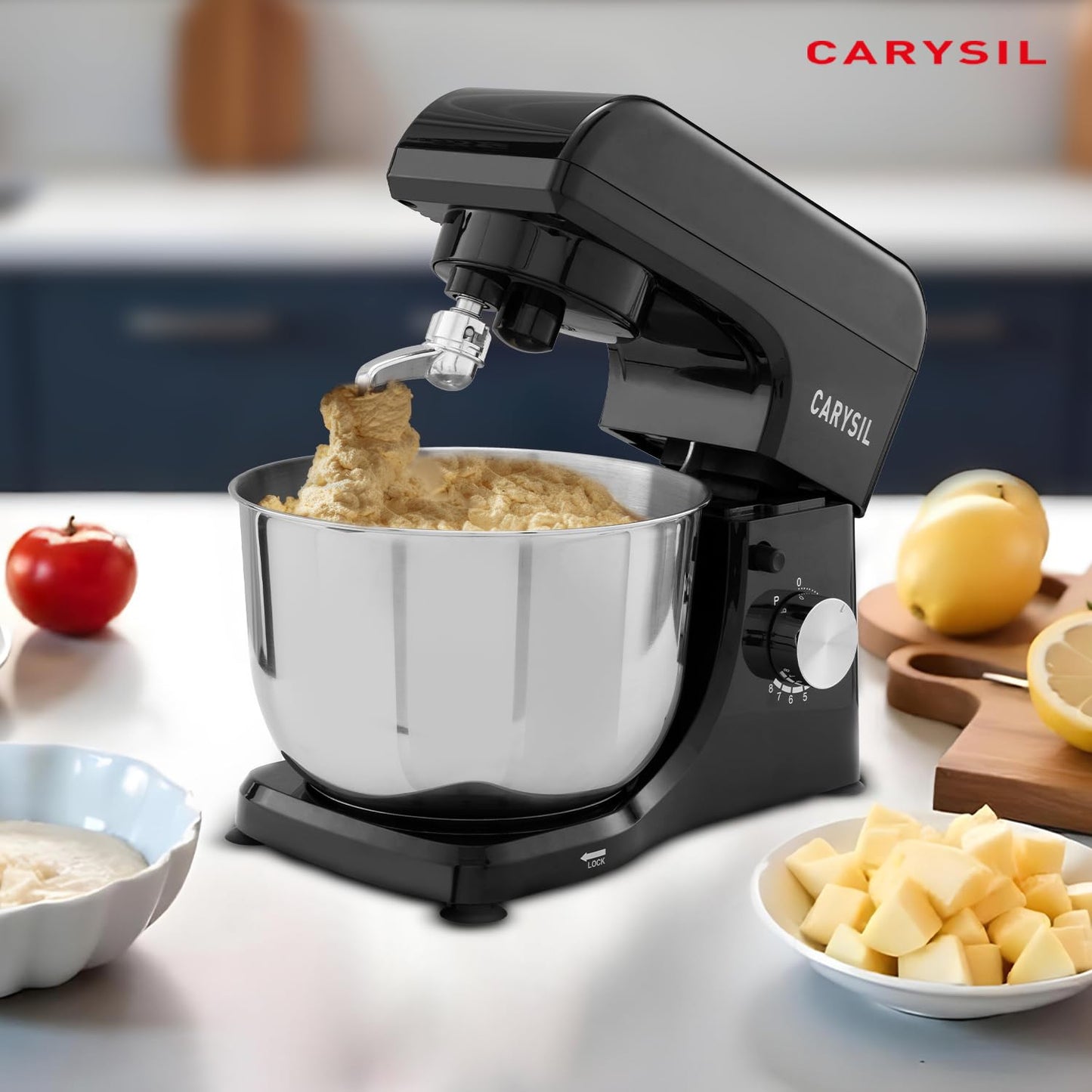 Carysil Stand Mixer, 6 Speed Settings with Pulse, Die-Cast Dough Hook & Whisk, 4.5L Removable Bowl, 220V DC Motor, Pizza Dough & Cake Mixer, Food Processor for Kitchen Use, Premium Black Finish