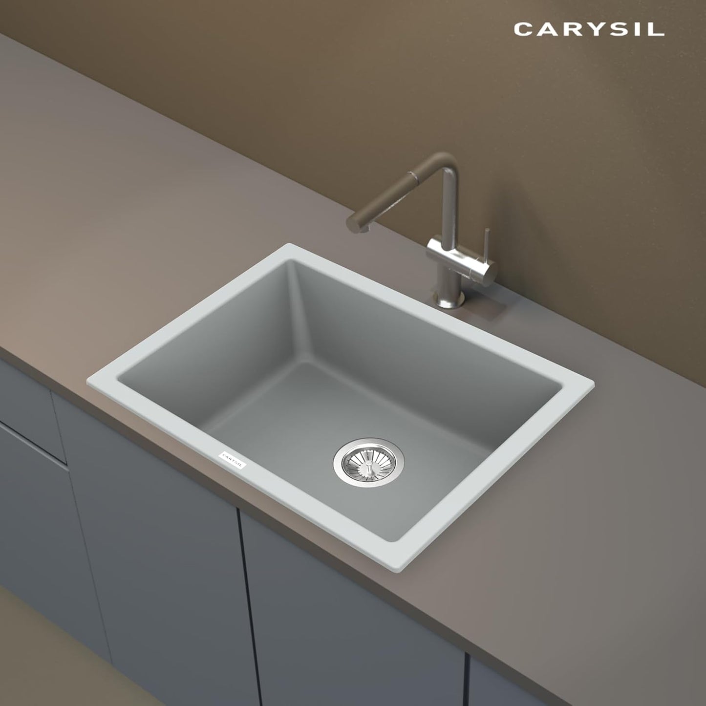 Carysil Quartz Titanium Max Plus Series Single Bowl Kitchen Sink, Real Stone Finish, 304 Stainless Steel Coupling, Kitchen Sink with Sloping Drain, Noise Reduction Design, 24x18x8 inches, Croma