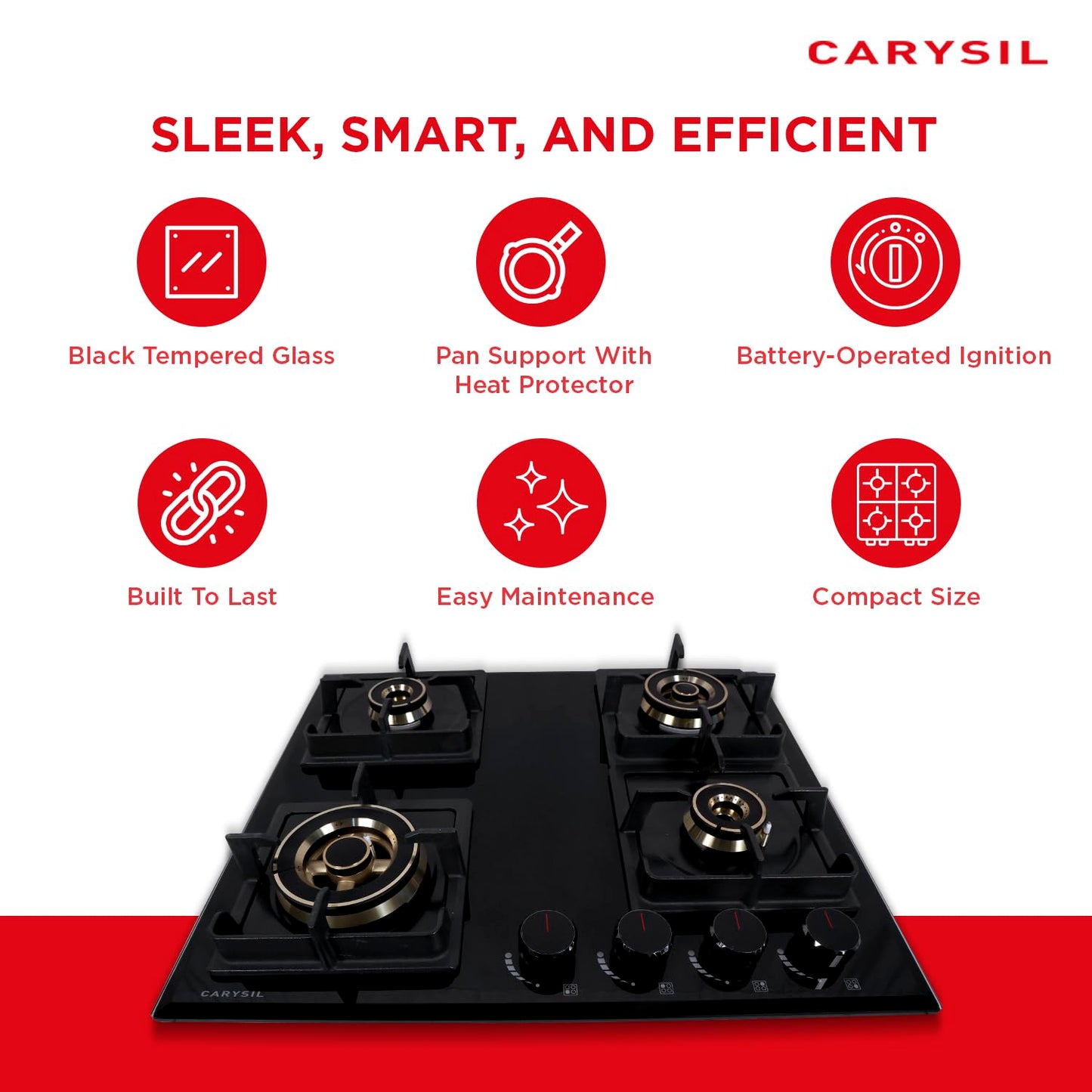 Carysil Tek Plus 60cm Built-in Hob, 4 Brass Burner, Square Cast Iron Pan Support, Flame Failure Device, Battery Ignition, Designer Metal Knob, 8mm Black Tempered Glass, Stainless Steel