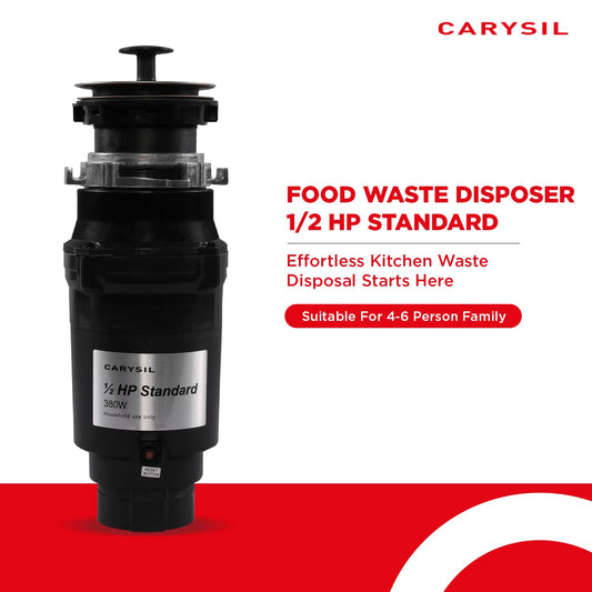 Carysil Food Waste Disposer for Kitchen Sink, 1/2 HP Standard, Ideal for 2-5 Person Family, Powerful 2500 RPM DC Motor with Low Noise, Corrosion-Proof & Stainless Steel Grinding Components, Fits under the Kitchen Sink, Black