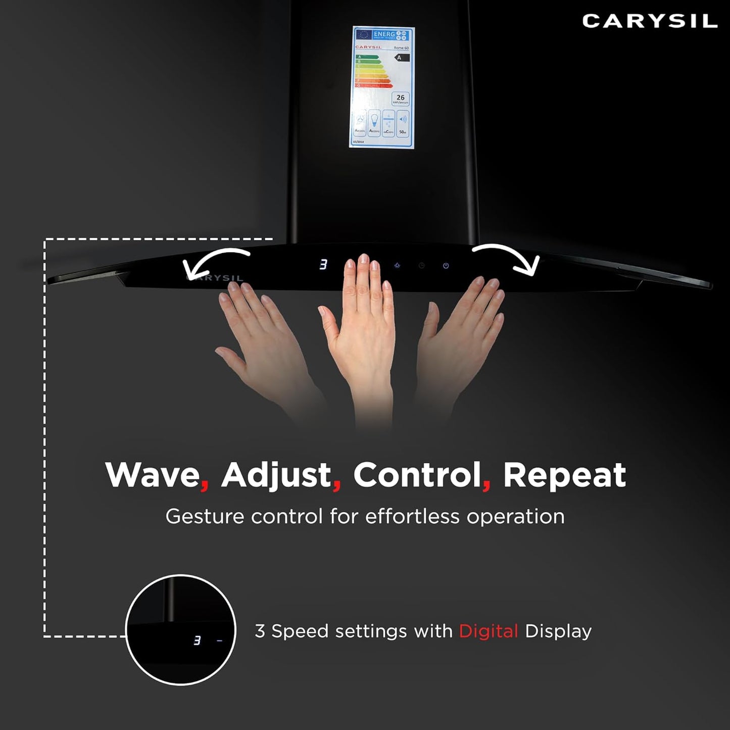 Carysil Rome 75 cm Kitchen Chimney, Curved Shape, 1100 m³/hr Suction Capacity, Filterless, BLDC Silent Motor, A-Energy Class, 3-Speed Touch Control, LED Lamp, 12-year Motor Warranty