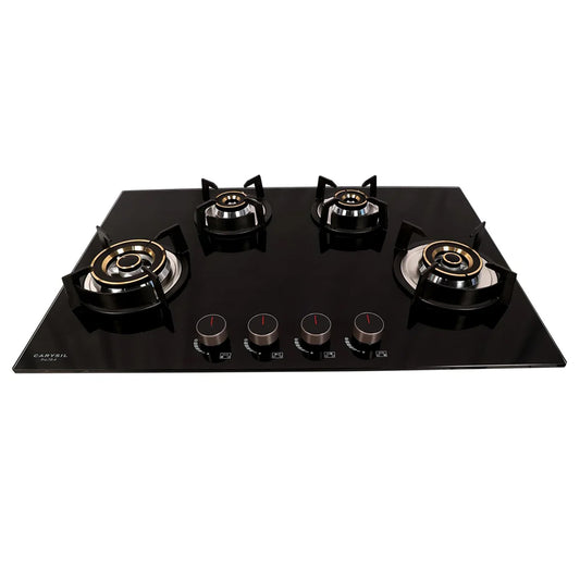 Carysil Pro 78cm Built-in Glass Hob, 4 Brass Burner, Round Cast Iron Pan Support, Battery Ignition, Metal Knob, 8mm Black Tempered Glass, Stainless Steel