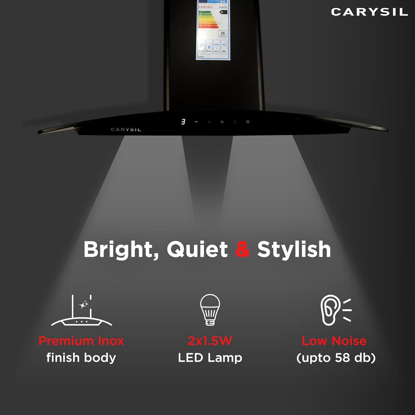 Carysil Rome 75 cm Kitchen Chimney, Curved Shape, 1100 m³/hr Suction Capacity, Filterless, BLDC Silent Motor, A-Energy Class, 3-Speed Touch Control, LED Lamp, 12-year Motor Warranty
