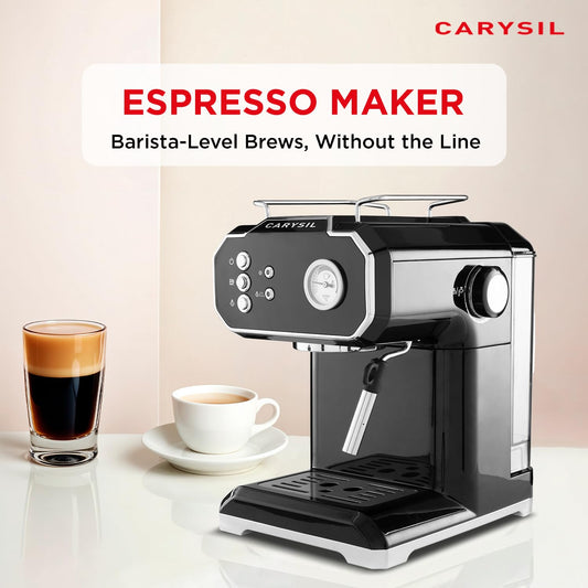 Carysil Espresso Maker, Coffee Machine for Cappuccino, Latte, Mocha, Foaming Milk, Espresso Maker for Home, Detachable Frothing Nozzle & Drip Tray, Stainless Steel Body, Premium Black Finish