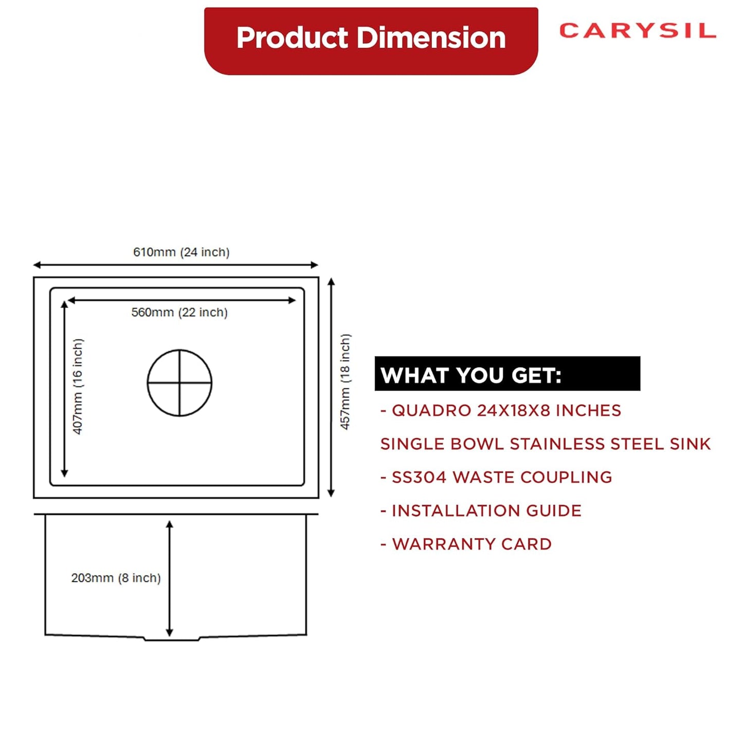 Carysil Quadro Series Zero Radius Single Bowl Kitchen Sink, Stainless Steel Kitchen Sink, 304 Coupling, Noise Reduction Design, Deep Bowl with Sloping Drain, 24x18x8 inches, Satin Finish