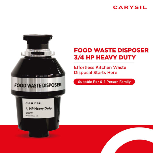 Carysil Food Waste Disposer for Home Sink, 3/4 HP Heavy Duty, Ideal for 8-12 Person Family, Powerful 2500 RPM DC Motor with Low Noise, Corrosion-Proof & Stainless Steel Grinding Components, Fits Under The Kitchen Sink, Black
