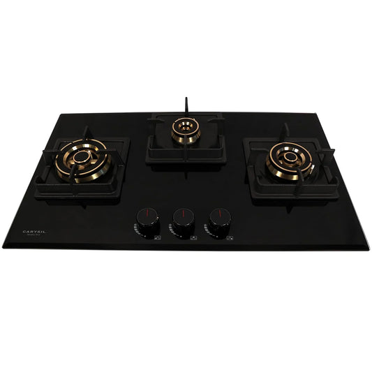 Carysil Tek Plus 75cm Built-in Hob, 3 Brass Burner, Square Cast Iron Pan Support, Flame Failure Device, Battery Ignition, Designer Metal Knob, 8mm Black Tempered Glass, Stainless Steel