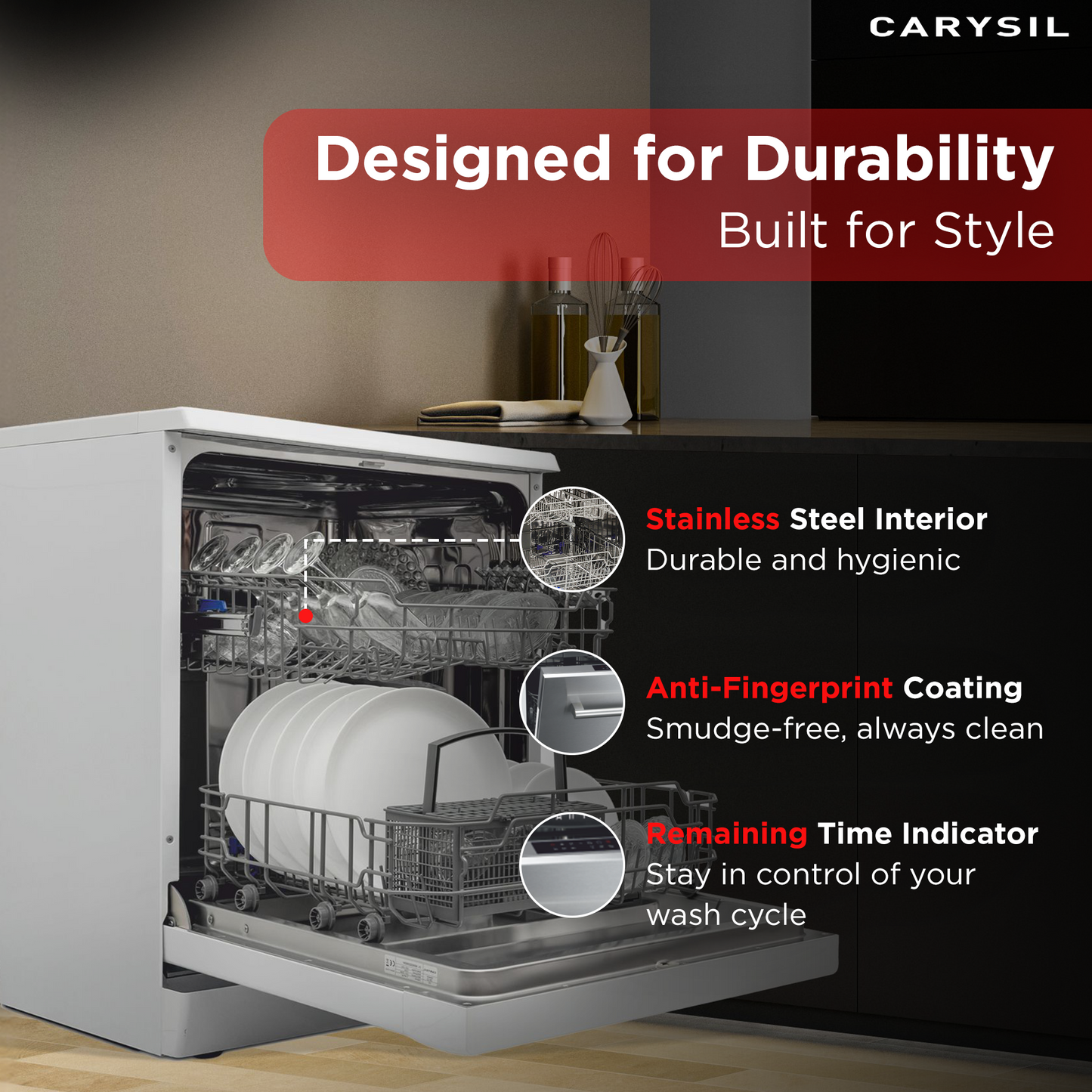 Carysil Free Standing Dishwasher DW-03, A++ Energy Class, 12 Place Setting, 6 Wash Programs, Electric Control Display, Water Consumption 11Ltr/cycle, 49 dBA Low Noise Operation, Detergent Automation Sensor, Child Lock, Stainless Steel