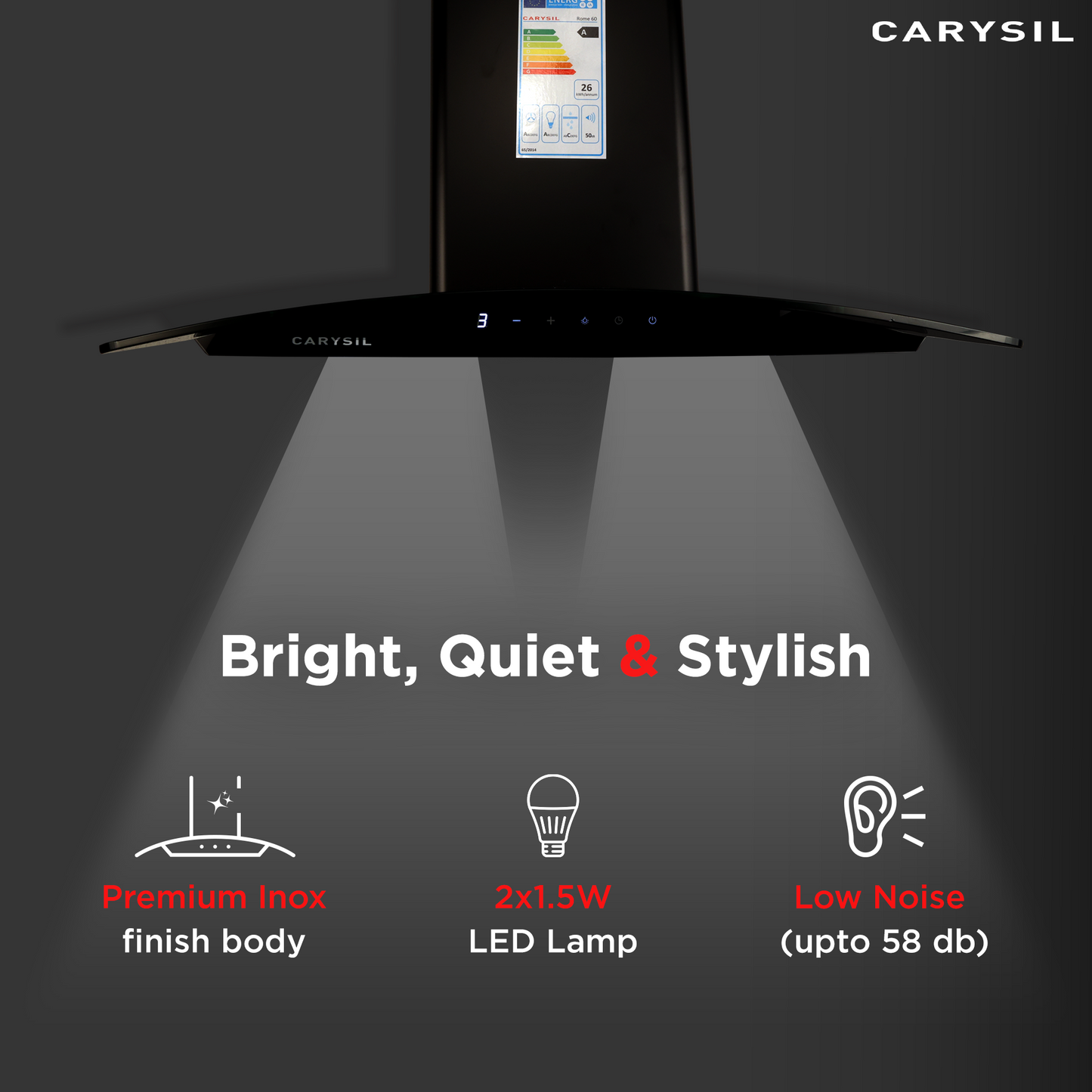 Carysil Rome 60 cm Kitchen Chimney, Curved Shape, 1100 m³/hr Suction Capacity, Filterless, BLDC Silent Motor, A-Energy Class, 3-Speed Touch Control, LED Lamp, Lifetime Warranty