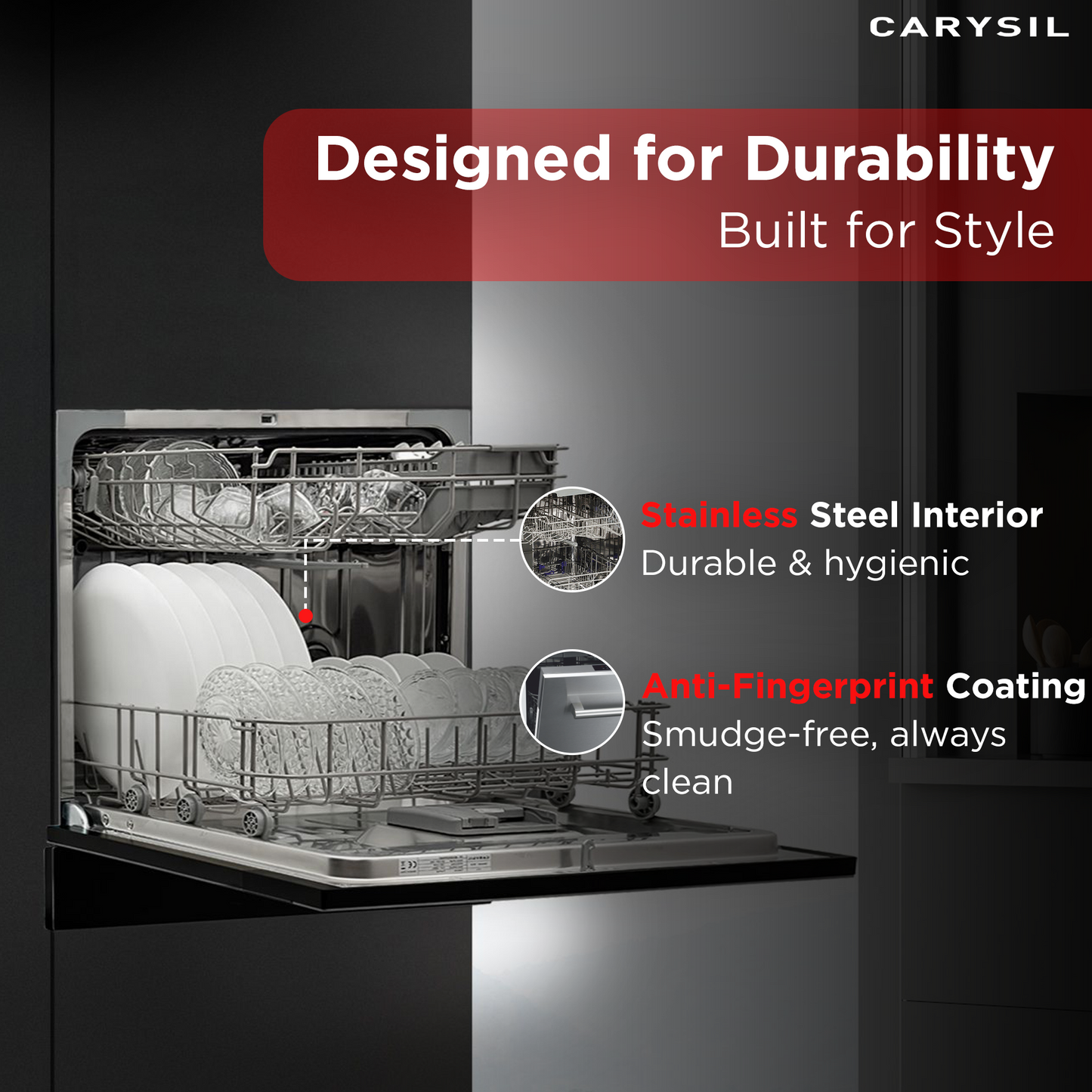 Carysil Free Standing Dishwasher DW-04, A+ Energy Class, 8 Place Setting, 6 Wash Programs, Electronic Control Display, Water Consumption 8Ltr/cycle, 49 dBA Low Noise Operation, Detergent Automation Sensor, Stainless Steel
