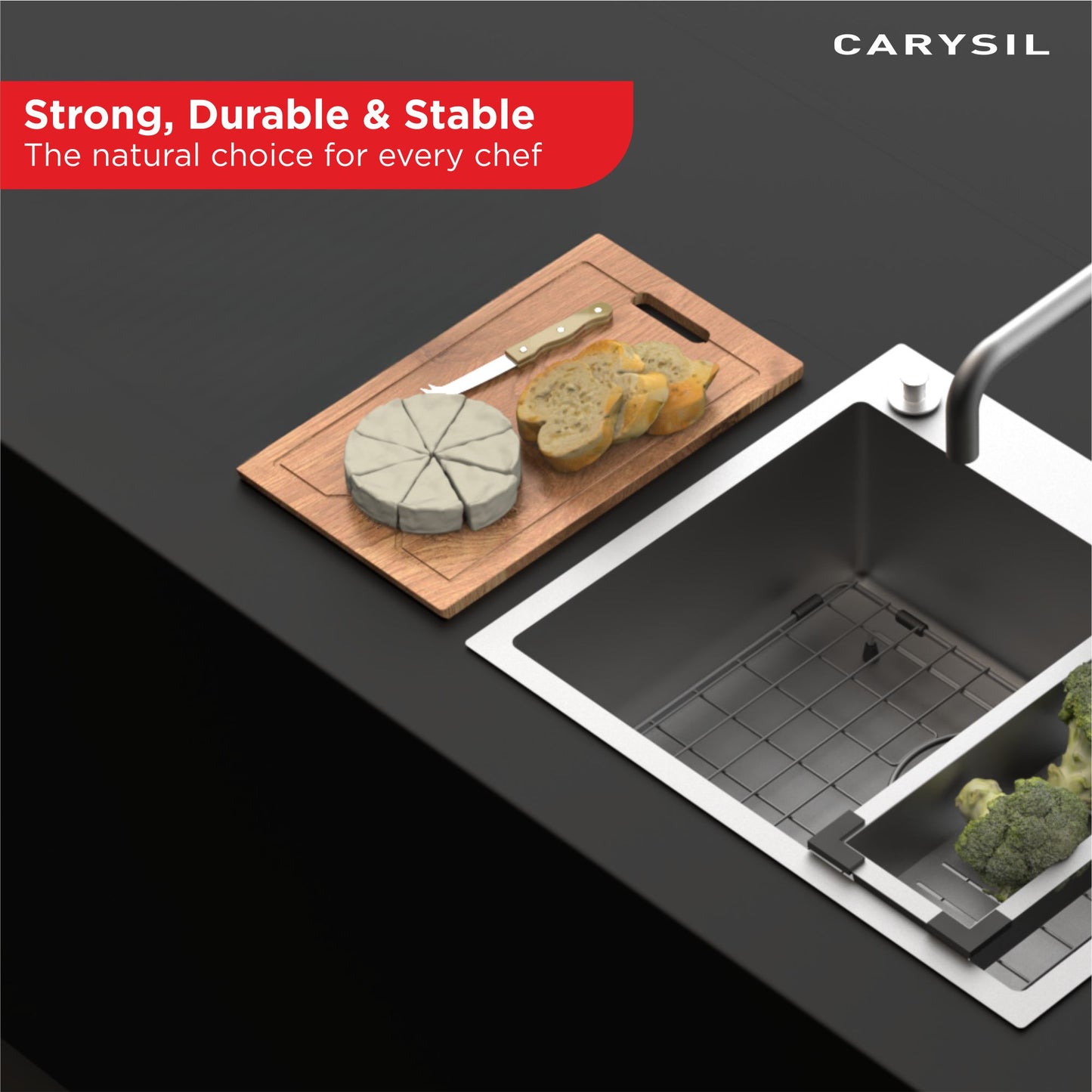Carysil Chopping Board for Kitchen, Solid Teak Wood with 20mm Thickness, Heavy-Duty Cutting Board for Vegetables, Fruits, Cheese & Meats, Non-Slip, BPA-Free, Eco-Friendly & Anti-Bacterial Surface