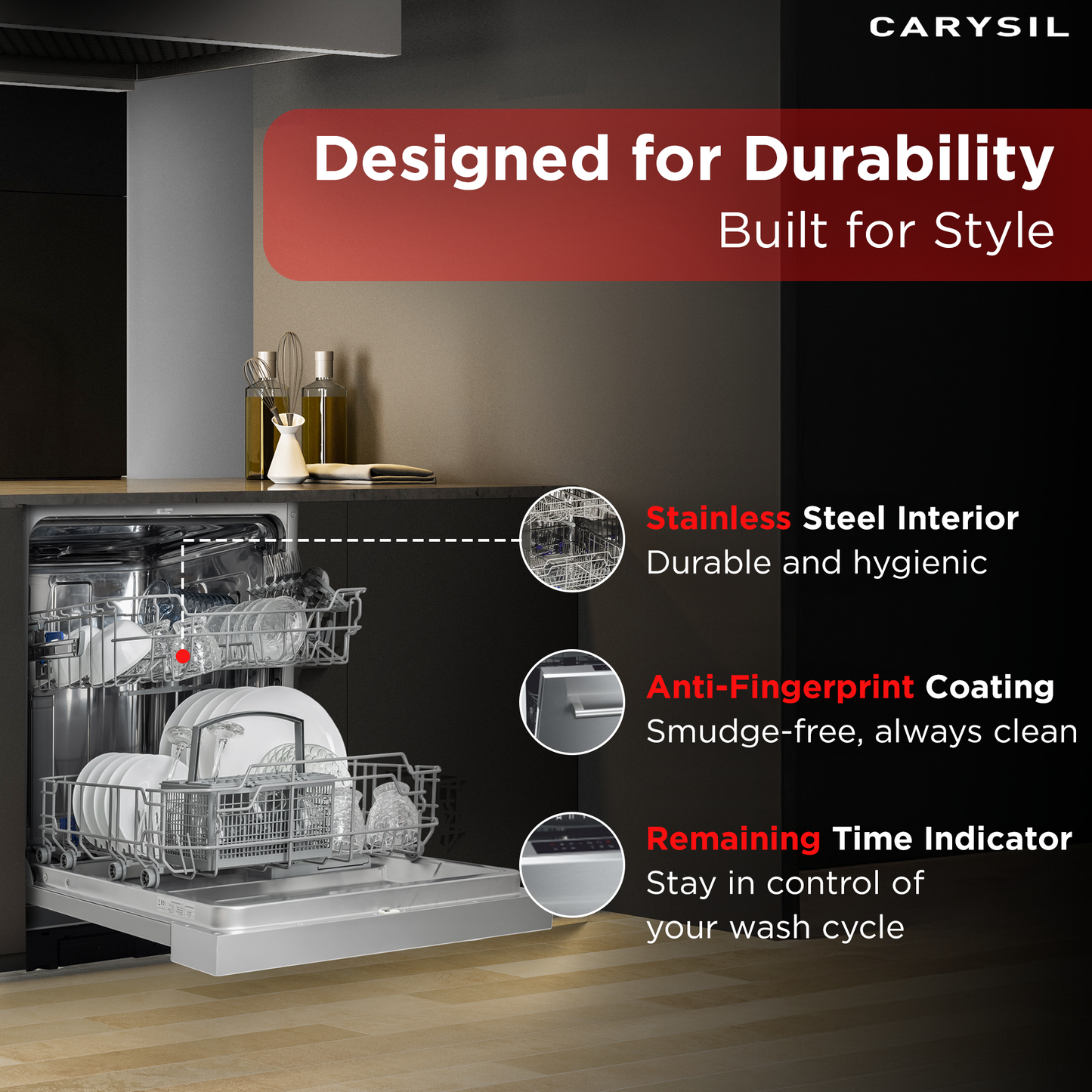 Carysil Semi Built-in Dishwasher DW-02, A++ Energy Class, 12 Place Setting, 6 Wash Programs, Touch Control Display, Water Consumption 11Ltr/cycle, 49 dB Low Noise Operation, Detergent Automation Sensor, Stainless Steel