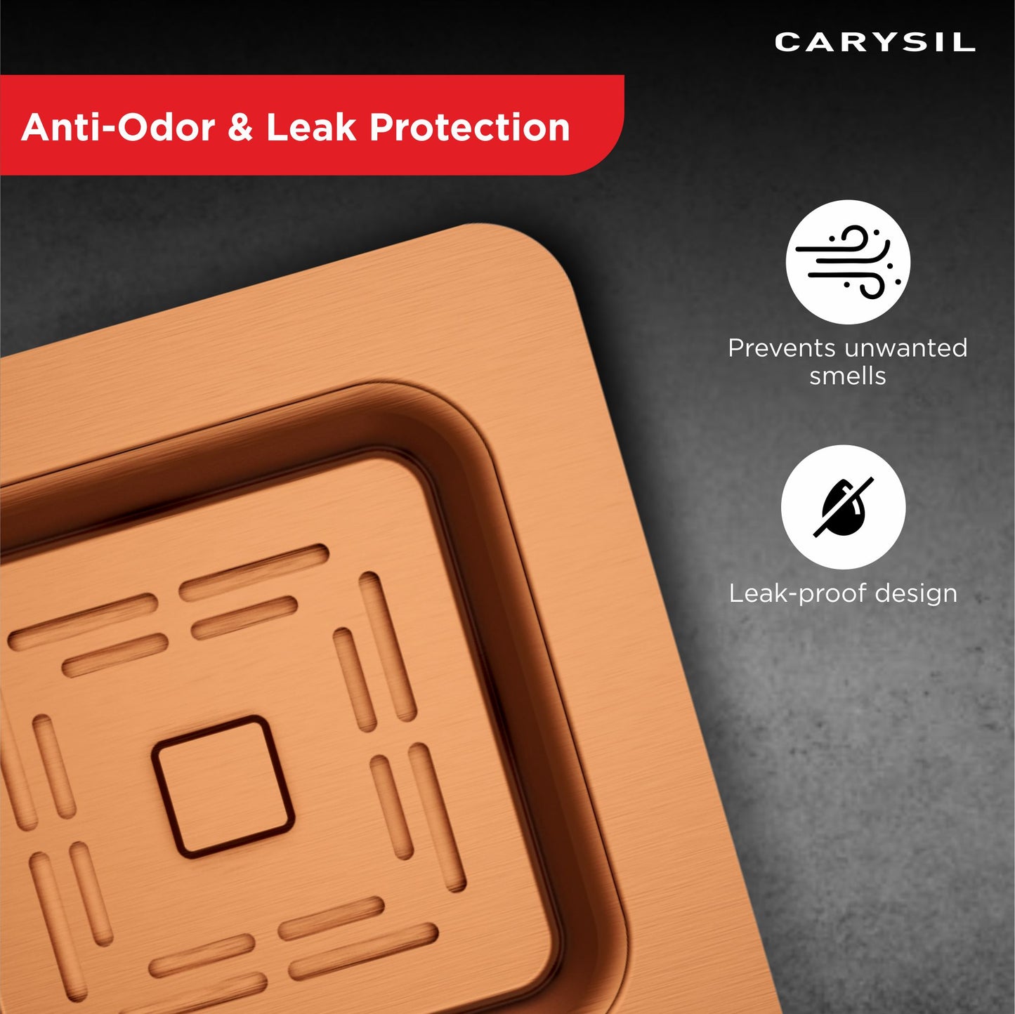 Carysil 304 Grade Stainless Steel Square Waste Coupling with Removable Waste Strainer Assembly, Corrosion-Resistant, Efficient Drainage System - Rose Gold PVD Finish