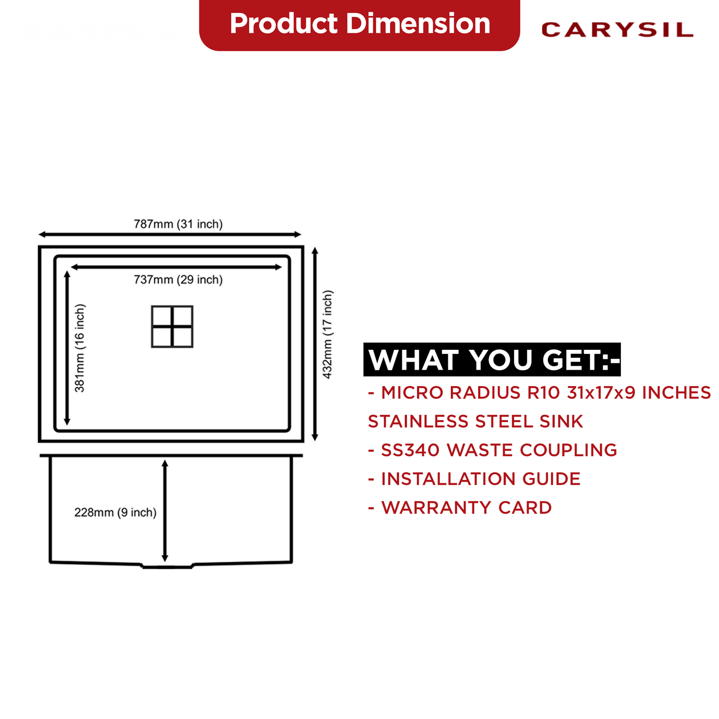 Carysil Micro Radius R10 Series Single Bowl Kitchen Sink, Stainless Steel Kitchen Sink, 10mm Corner Radius, 304 Stainless Steel Coupling, Noise Reduction Design, Deep Bowl with Sloping Drain, 31x17x9 inches, Satin Finish