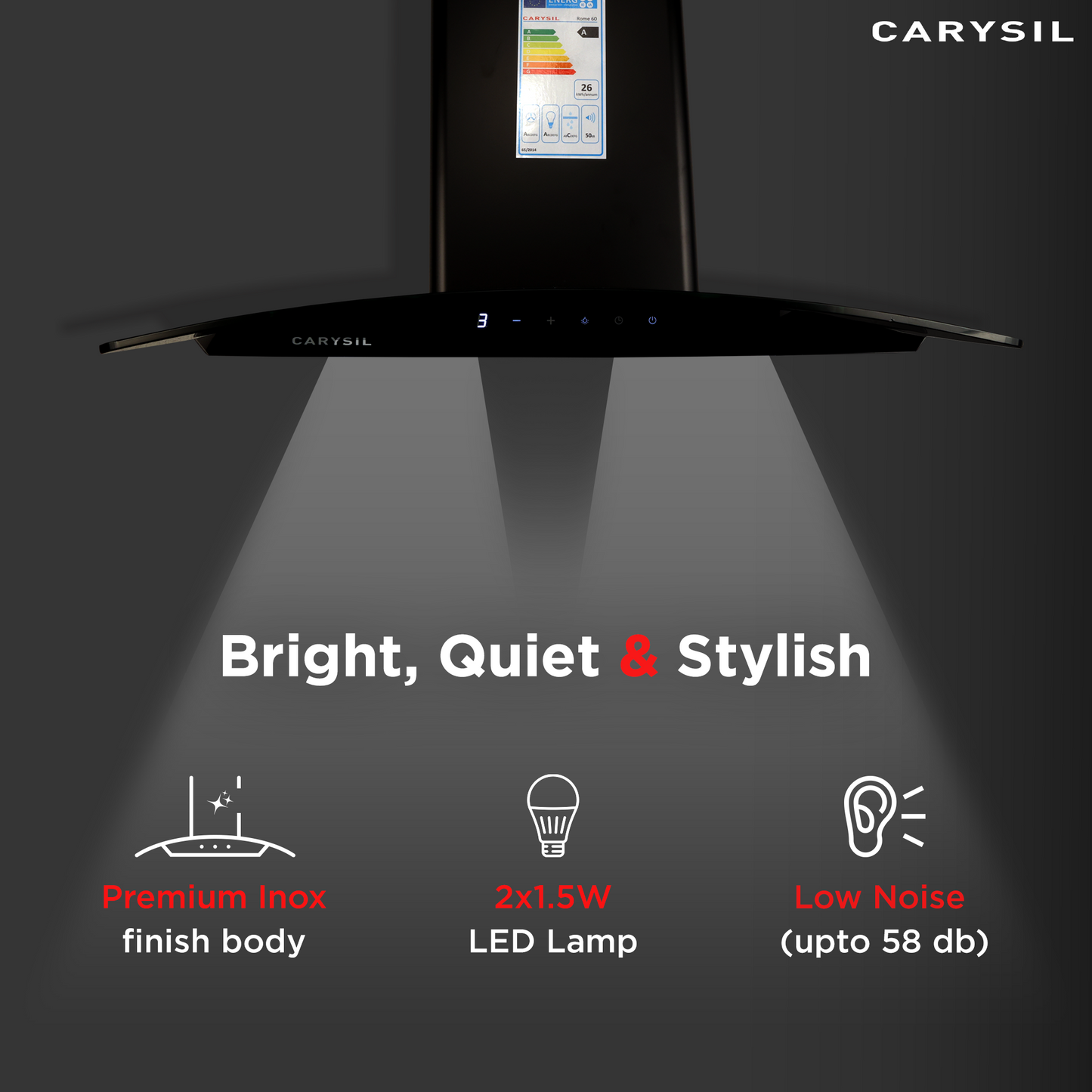 Carysil Rome 90 cm Kitchen Chimney, Curved Shape, 1100 m³/hr Suction Capacity, Filterless, BLDC Silent Motor, A-Energy Class, 3-Speed Touch Control, LED Lamp, Lifetime Warranty