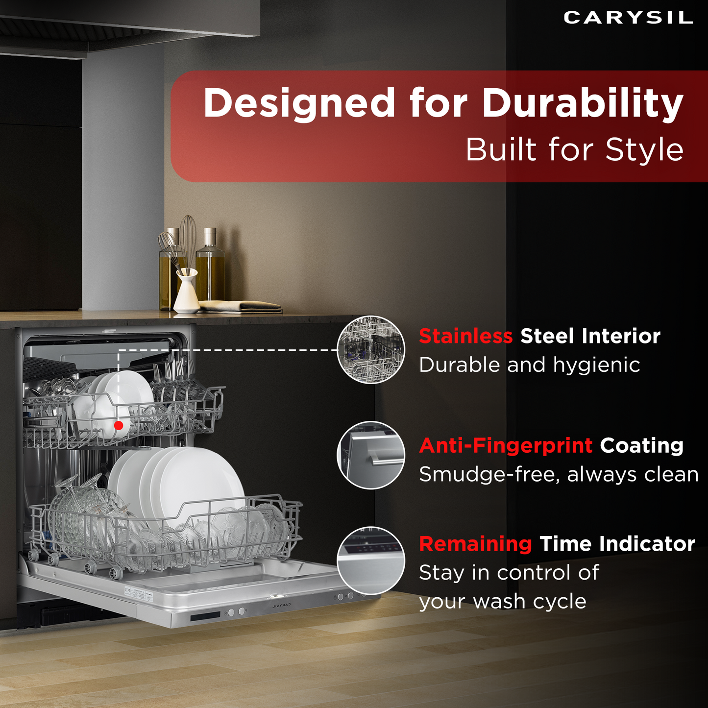 Carysil Fully Built-in Dishwasher DW-01, A++ Energy Class, 14 Place Setting, 7 Wash Programs, Touch Control Display, Water Consumption 10Ltr/cycle, 44 dBA Low Noise Operation, Detergent Automation Sensor, Stainless Steel