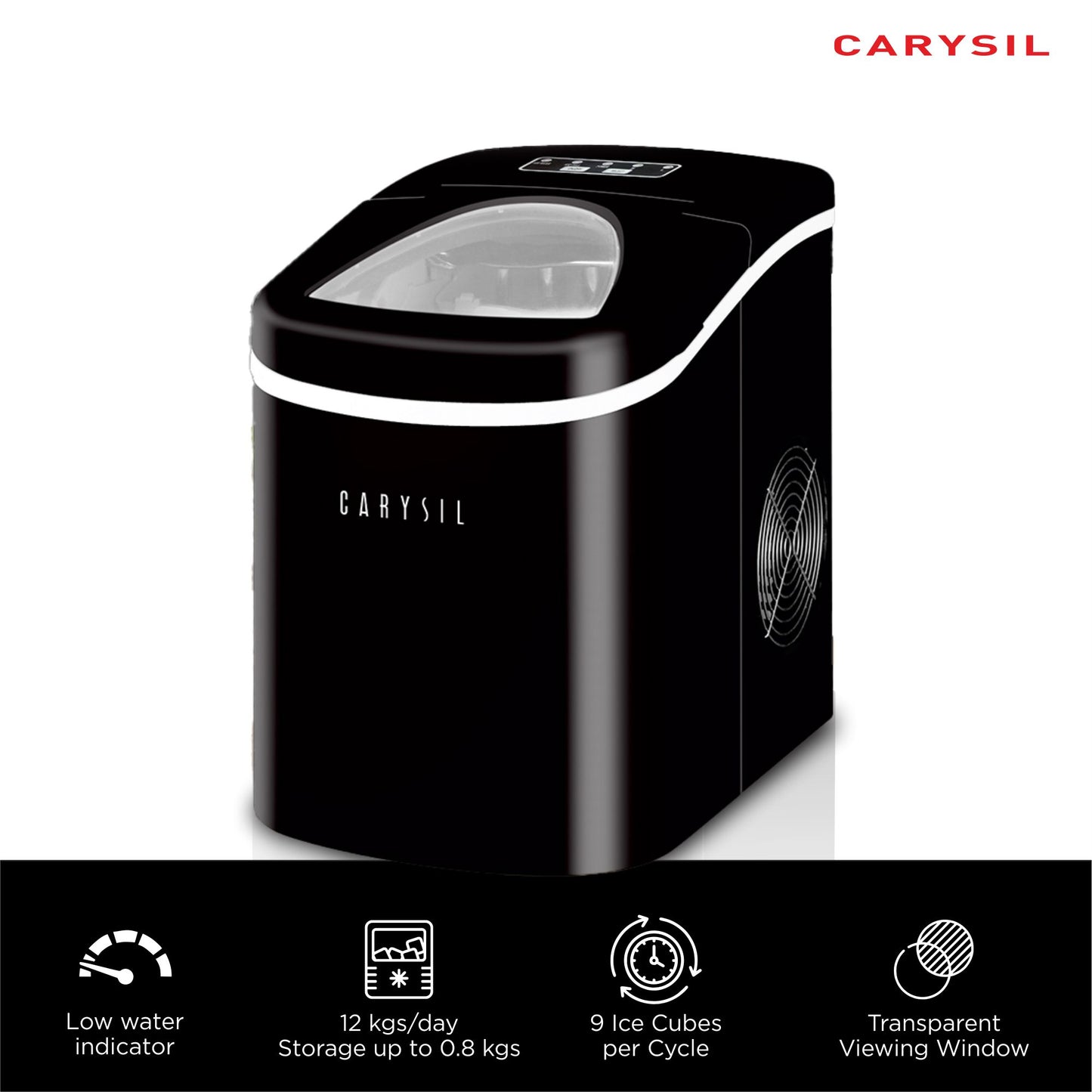 Carysil Sparkle Portable Compact Countertop Ice Maker, Makes 9 Ice Cubes Per Cycle, 12kg/24h Quick Ice Production, SS Finish with Ice Scoop, User-Friendly Control Panel for Home, Office & Outdoor Use
