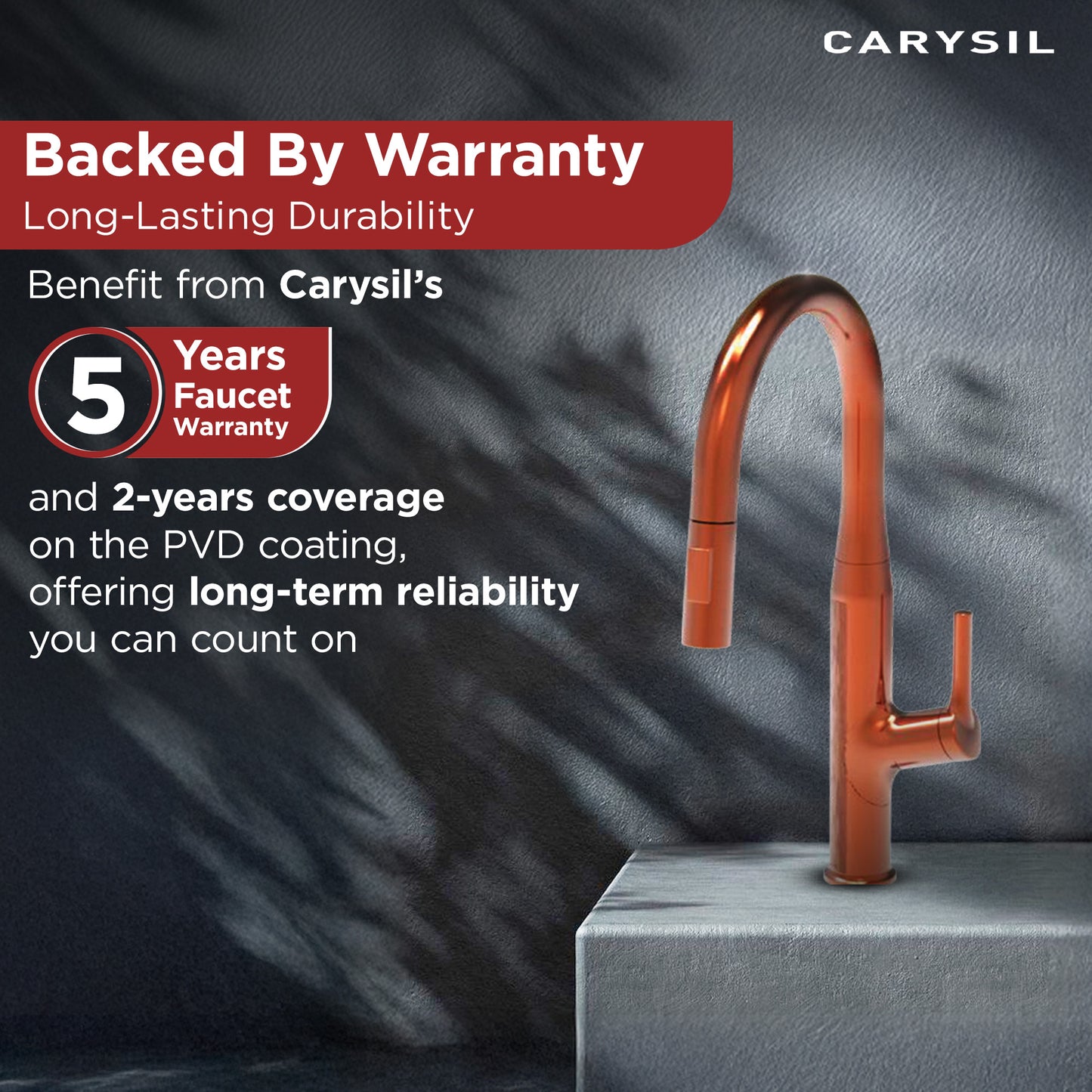 Carysil Alpha 1512 Modern Kitchen Faucet with Pull-Out Spray, High Arc with 360-Degree Swivel, Single-Lever Handle for Hot/Cold Water, Rose Gold Finish, 5-Year Warranty