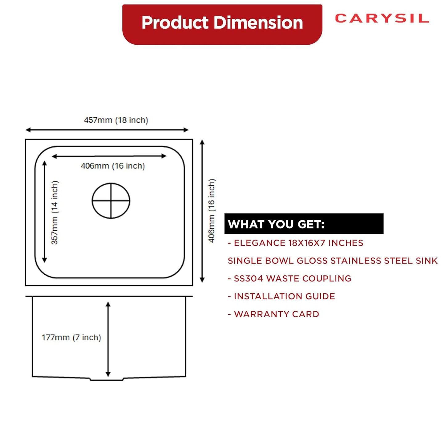 Carysil Elegance Series Single Bowl Kitchen Sink, Stainless Steel Kitchen Sink, 304 Stainless Steel Coupling, Noise Reduction Design, Deep Bowl with Sloping Drain, 18x16x7 inches, Glossy Finish