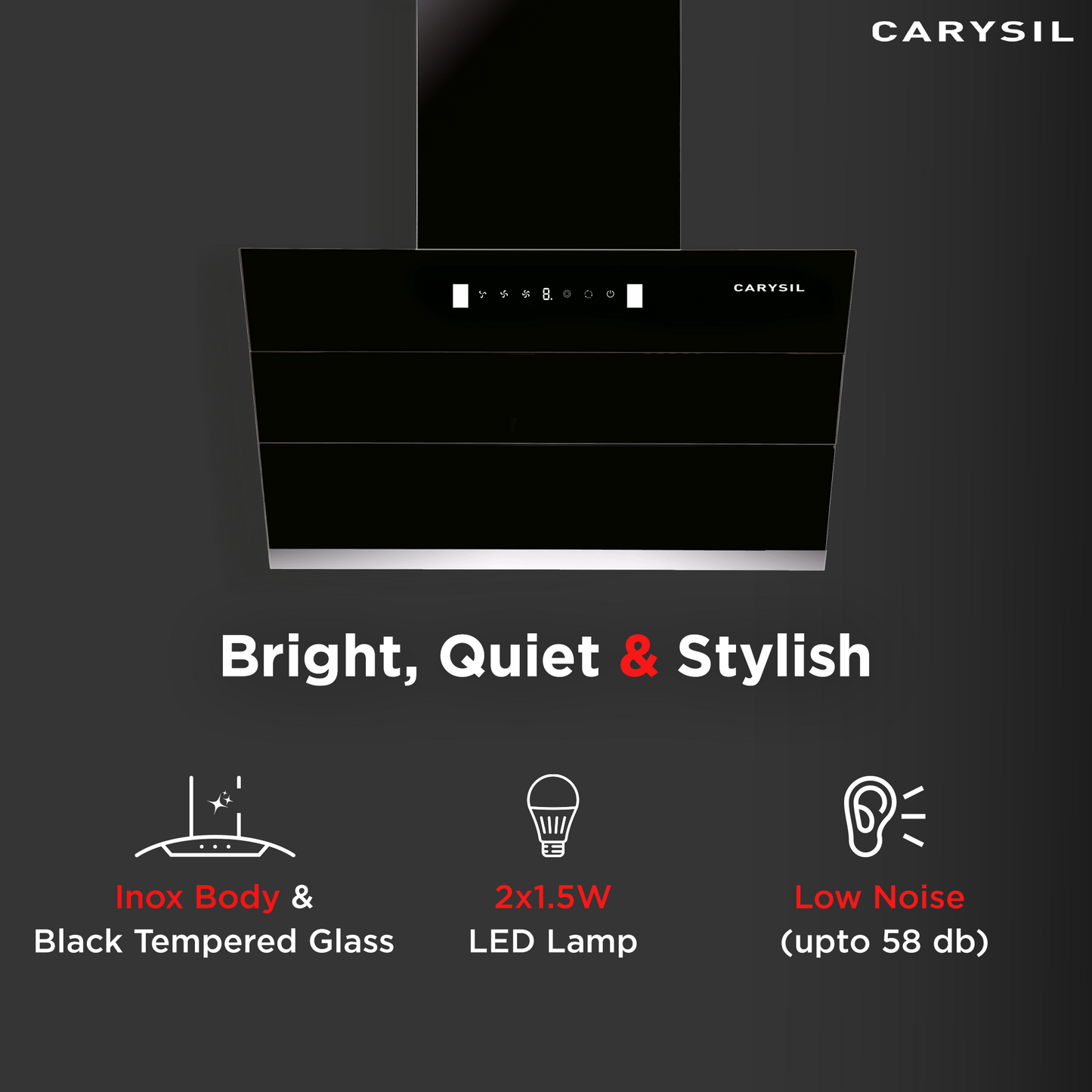Carysil Ciaz 90 cm Kitchen Chimney, Vertical Slant, 1350 m³/hr Suction Capacity, Filterless, 3-speed Motion Sensor, Heat Auto Clean, Oil Collector, LED Lamp, 7-year Motor Warranty