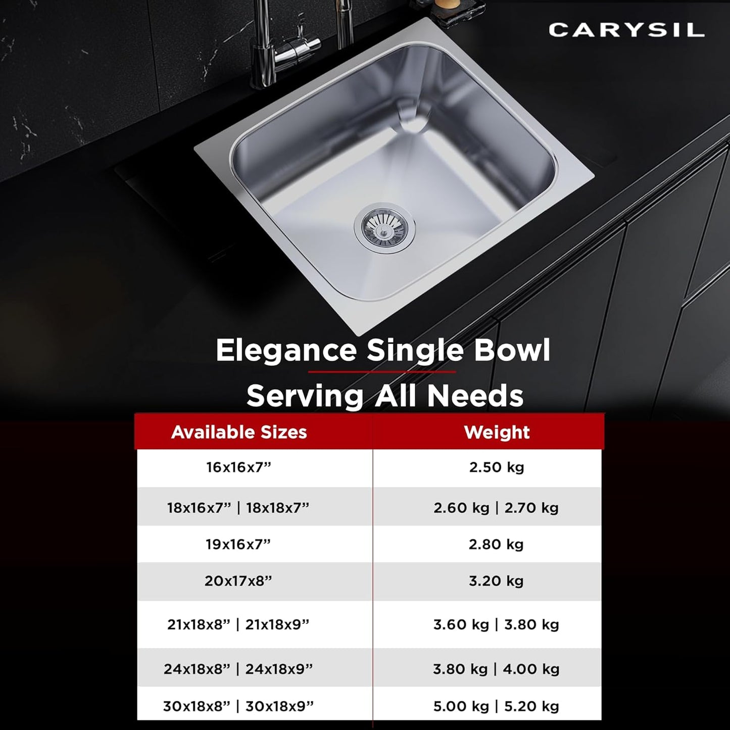 Carysil Elegance Series Single Bowl Kitchen Sink, Stainless Steel Kitchen Sink, 304 Stainless Steel Coupling, Noise Reduction Design, Deep Bowl with Sloping Drain, 21x18x9 inches, Glossy Finish