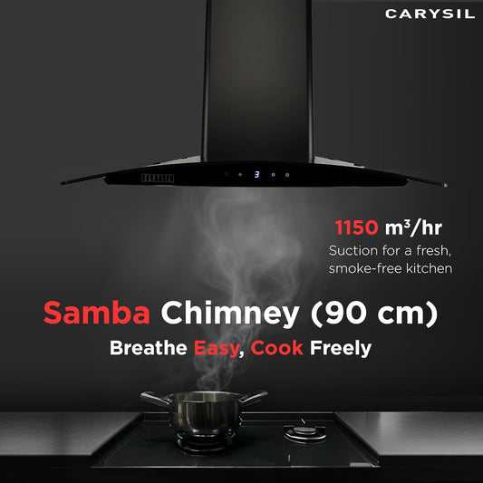 Carysil Samba 90 cm Kitchen Chimney, Curved Shape, 1150 m³/hr Suction Capacity, Baffle Filter, Digital Timer, 3-Speed Touch Screen, Oil Collector, LED Lamp, 7-year Motor Warranty
