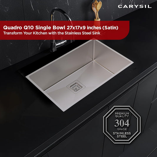 Carysil Micro Radius R10 Series Single Bowl Kitchen Sink, Stainless Steel Kitchen Sink, 10mm Corner Radius, 304 Stainless Steel Coupling, Noise Reduction Design, Deep Bowl with Sloping Drain, 27x17x9 inches, Satin Finish