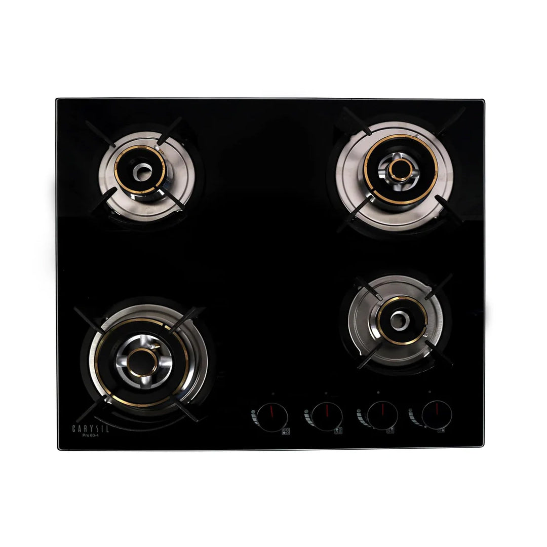 Carysil Pro 60cm Built-in Glass Hob, 4 Brass Burner, Round Cast Iron Pan Support, Battery Ignition, Metal Knob, 8mm Black Tempered Glass, Stainless Steel