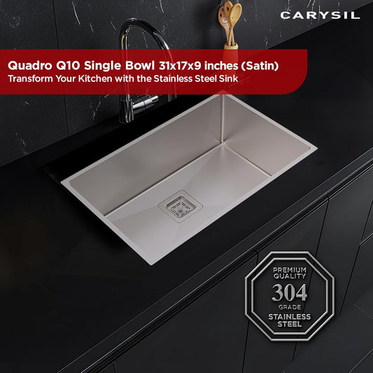 Carysil Micro Radius R10 Series Single Bowl Kitchen Sink, Stainless Steel Kitchen Sink, 10mm Corner Radius, 304 Stainless Steel Coupling, Noise Reduction Design, Deep Bowl with Sloping Drain, 31x17x9 inches, Satin Finish