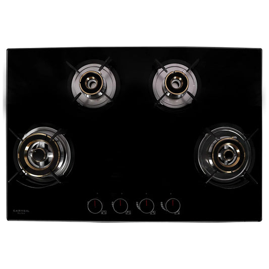 Carysil Pro 78cm Built-in Glass Hob, 4 Brass Burner, Round Cast Iron Pan Support, Battery Ignition, Metal Knob, 8mm Black Tempered Glass, Stainless Steel