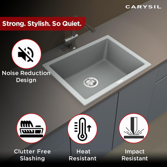 Carysil Big Bowl Plus Croma Quartz Kitchen Sink, 24x18x8 inches, Single Bowl Noise Reduction Quartz Sink, Heat, Scratch & Stain Resistant, Sloping Drains, 304 SS Coupling