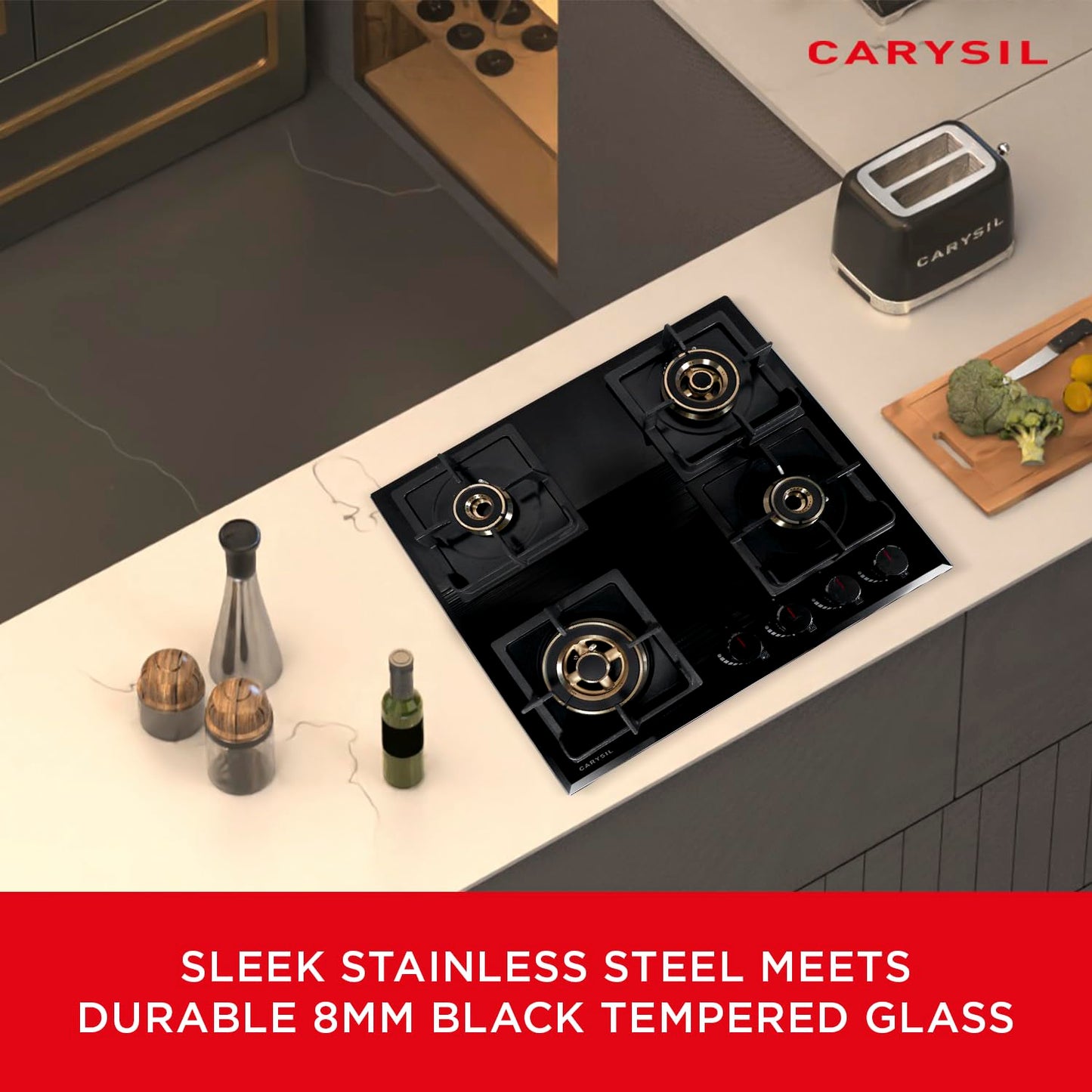Carysil Tek Plus 60cm Built-in Hob, 4 Brass Burner, Square Cast Iron Pan Support, Flame Failure Device, Battery Ignition, Designer Metal Knob, 8mm Black Tempered Glass, Stainless Steel