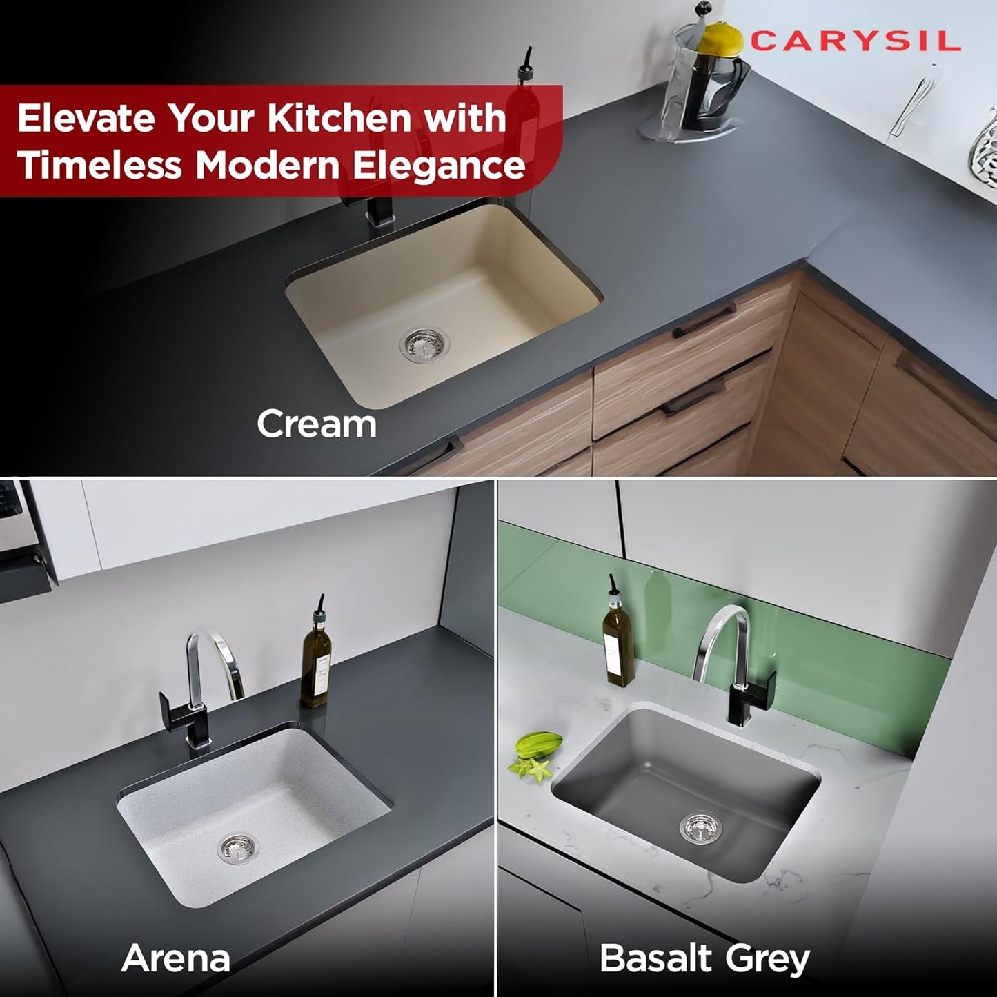 Carysil Quartz Q 320 Grande Single Bowl Kitchen Sink, Real Stone Finish, 304 Stainless Steel Coupling, Kitchen Sink with Sloping Drain, Noise Reduction Design, 24x18x8 inches, Arena