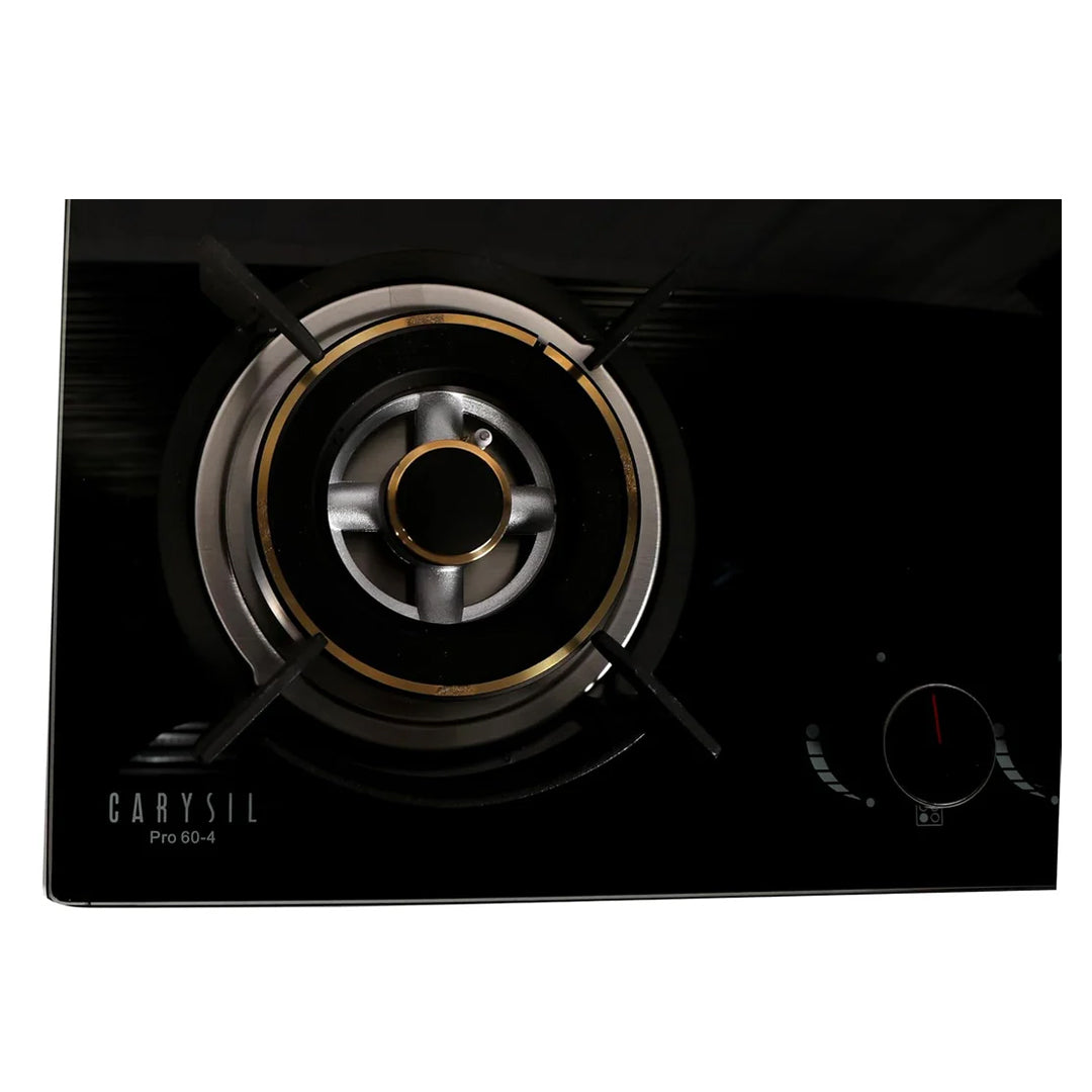 Carysil Pro 60cm Built-in Glass Hob, 4 Brass Burner, Round Cast Iron Pan Support, Battery Ignition, Metal Knob, 8mm Black Tempered Glass, Stainless Steel