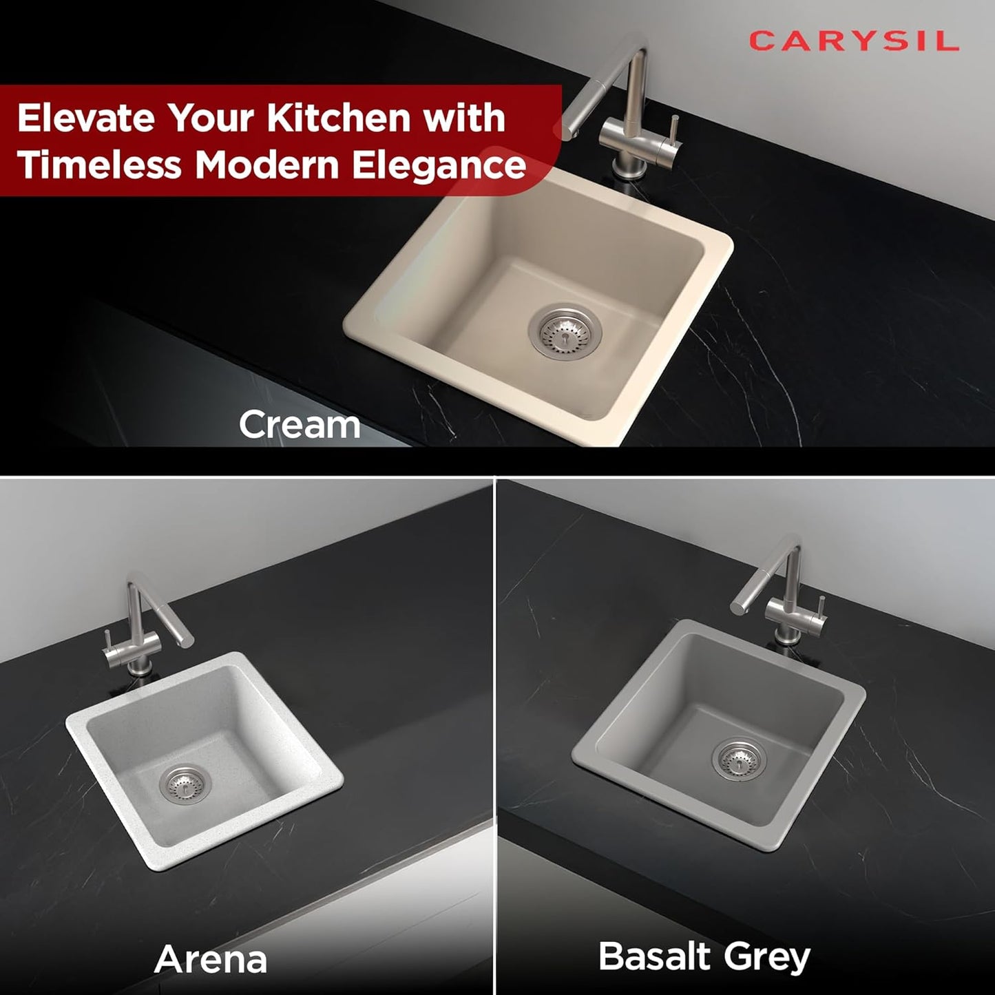 Carysil Neo Salsa Edge Cream Quartz Kitchen Sink, 16x16x8 inches, Single Bowl Noise Reduction Quartz Sink, Heat, Scratch & Stain Resistant, Sloping Drains, 304 SS Coupling