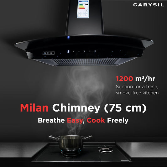 Carysil Milan 75 cm Kitchen Chimney, Curved Shape, 1200 m³/hr Suction Capacity, Filterless, BLDC Silent Motor, Heat Auto Clean, 9-speed Motion Sensor, A-Energy Class, LED Lamp, 12-year Motor Warranty