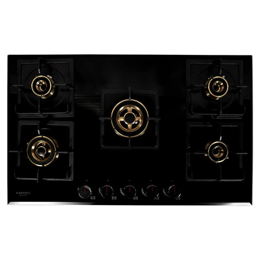 Carysil Tek Plus 90cm Built-in Hob, 5 Brass Burner, Square Cast Iron Pan Support, Flame Failure Device, Battery Ignition, Designer Metal Knob, 8mm Black Tempered Glass, Stainless Steel