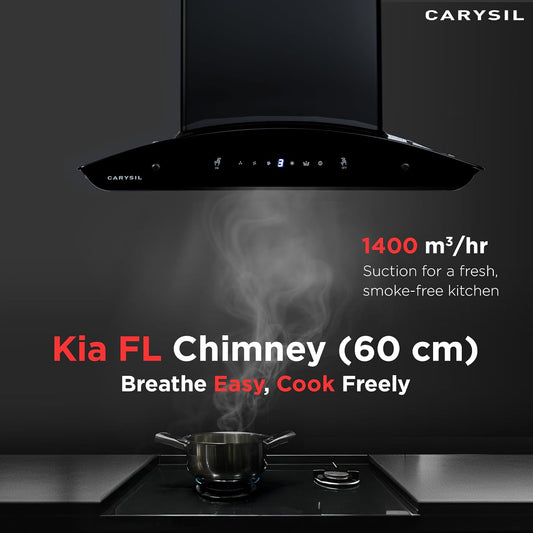 Carysil Kia FL 60 cm Kitchen Chimney, Curved Shape, 1400 m³/hr Suction Capacity, Filterless, Heat Auto Clean, 3-Speed Motion Sensor, Oil Collector, LED Lamp, 7-year Motor Warranty