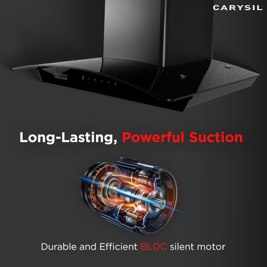 Carysil Milan 60 cm Kitchen Chimney, Curved Shape, 1200 m³/hr Suction Capacity, Filterless, BLDC Silent Motor, Heat Auto Clean, 9-speed Motion Sensor, A-Energy Class, LED Lamp, 12-year Motor Warranty